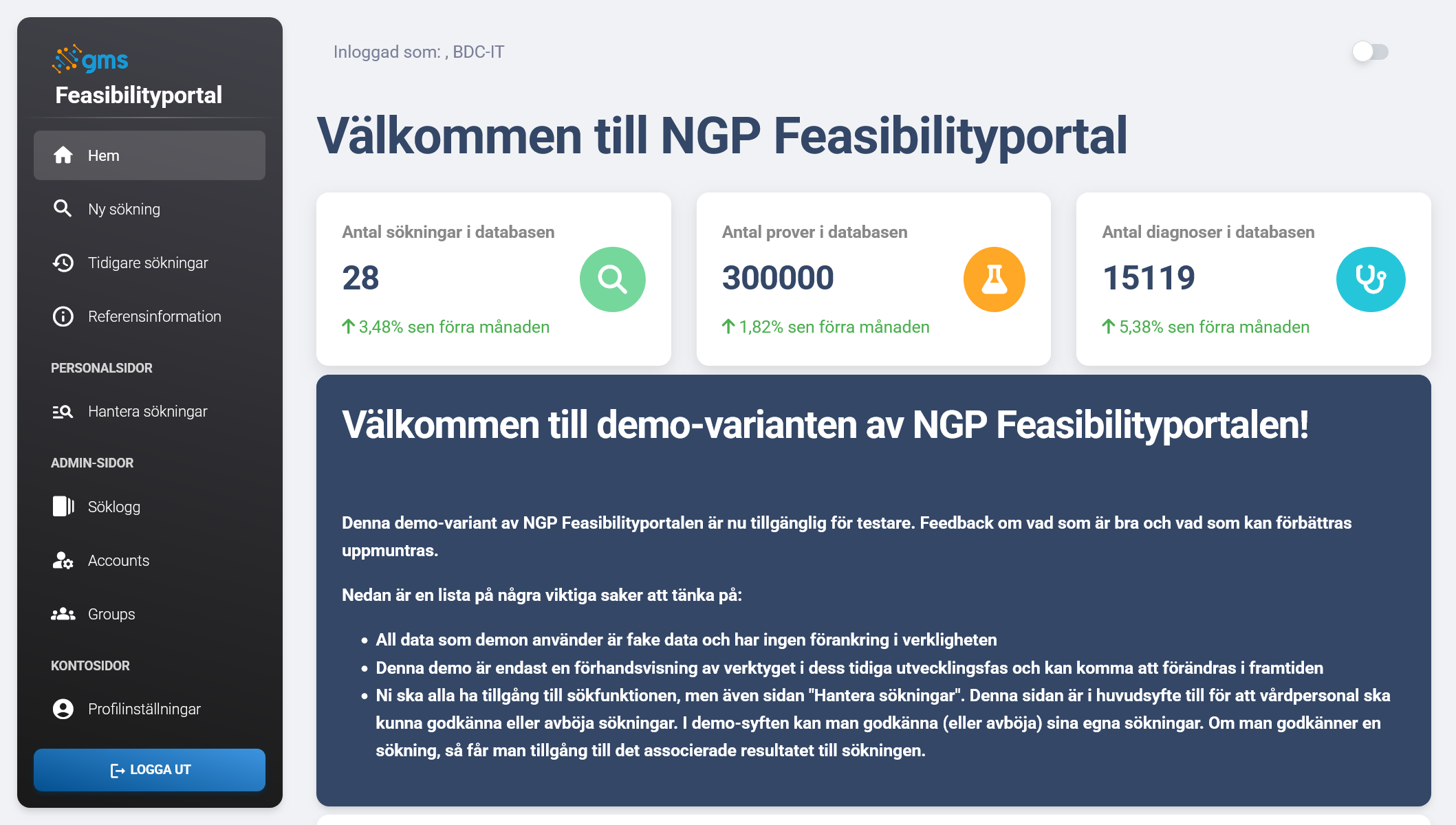 Skärmdump på Feasibilityportalens startsida